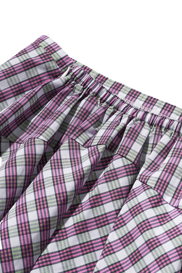 POEV - 미디스커트 - Checked Asymmetric Skirt - Pink