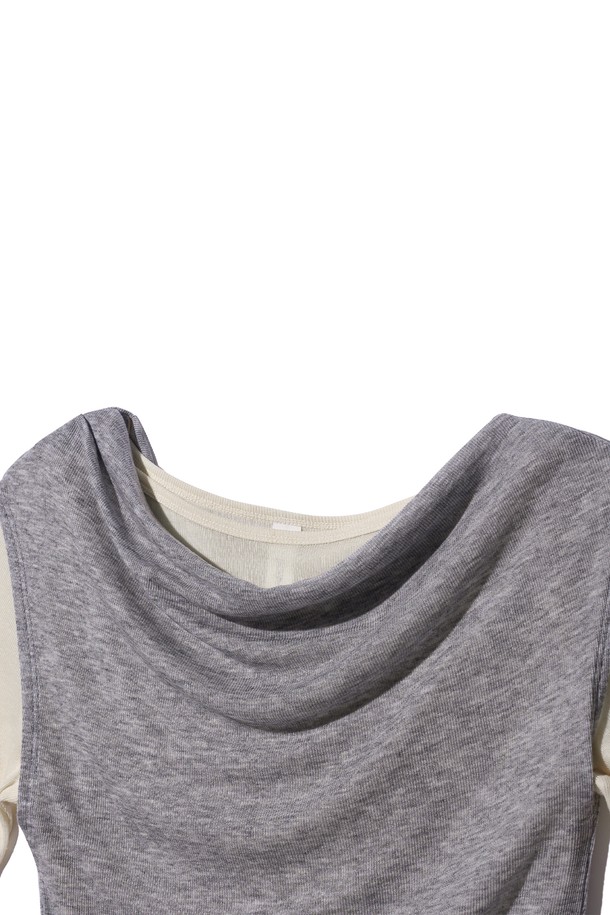 POEV - 긴소매 티셔츠 - Asymmetric Layered Top Set - Grey/Ivory