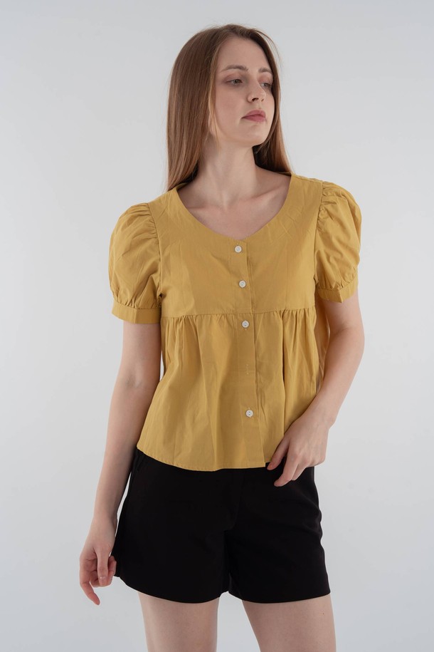 VOCA - 블라우스 - Puff sleeves shirring woven blouse_Mustard