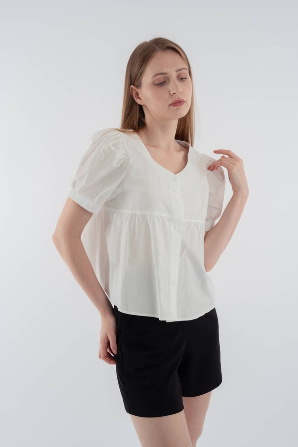 VOCA - 블라우스 - Puff sleeves shirring woven blouse_White