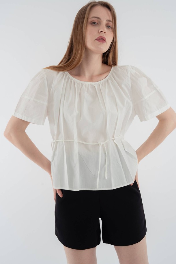 VOCA - 블라우스 - Puff sleeves waist string blouse_White