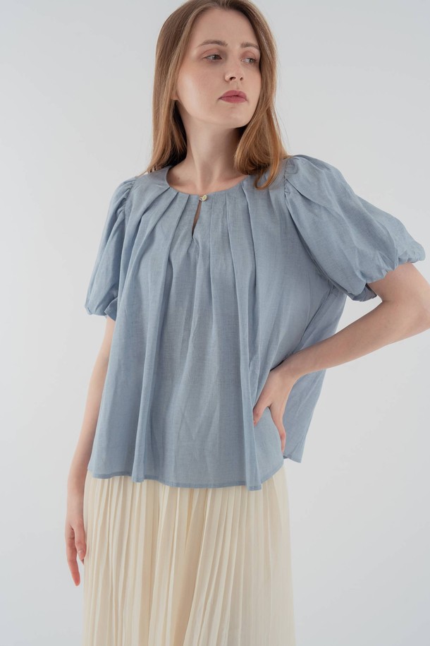 VOCA - 블라우스 - Puff sleeves shirring blouse_Blue