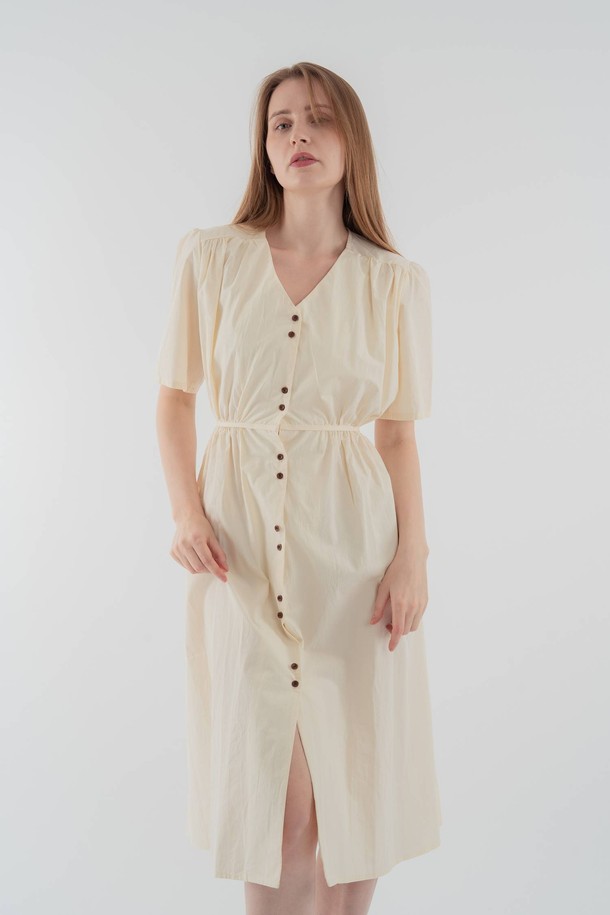 VOCA - 반소매 원피스 - V Neck Waist String onepiece_Beige