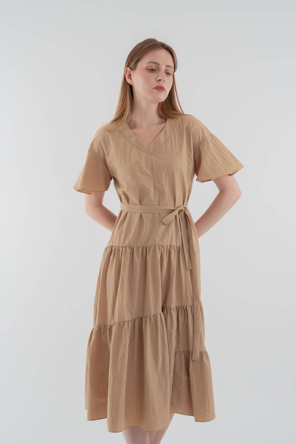 VOCA - 반소매 원피스 - Waist tie frill onepiece_Beige