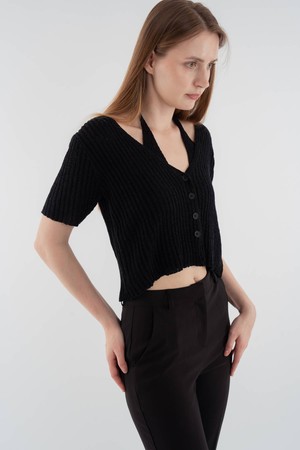 Halter neck layered cardigan_Black