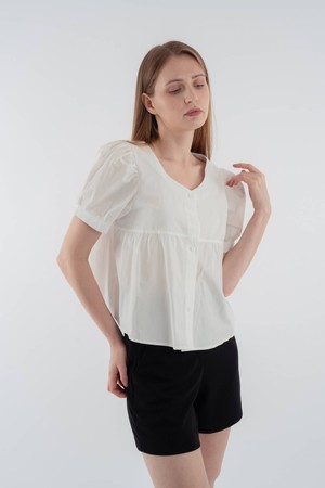 Puff sleeves shirring woven blouse_White