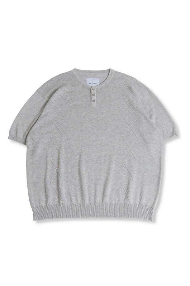 MUDSALT - 반팔티셔츠 - CABLE HENRY NECK HALF KNIT MELANGE GRAY