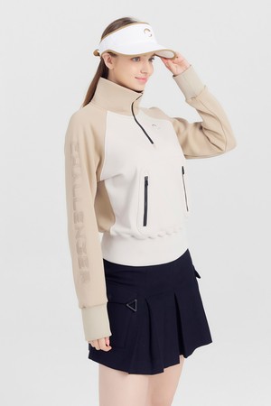 여성 캥거루 포켓 기모 반집업 골프 티셔츠 라이트베이지_BEIGE-a