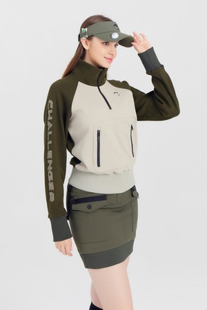 여성 캥거루 포켓 기모 반집업 골프 티셔츠 카키_KHAKI-a