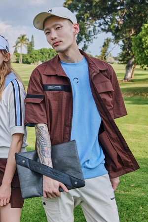 스트레치우븐 셔츠형 로고배색 남성 골프 반팔 바람막이 브라운_BROWN-a