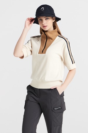 테리원단 변형하이넥 집업 여성 골프 반팔티셔츠 베이지_BEIGE-a