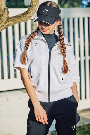 저지스판 앞포켓 풀집업 숏기장 여성 골프 반팔티셔츠 화이트_WHITE-a