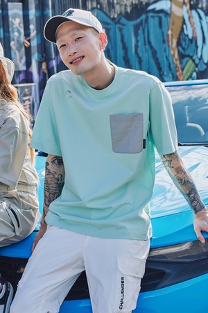 HAVANA 빅프린트 포켓배색 라운드넥 남성 골프 반팔티셔츠 라이트그린_GREEN-a