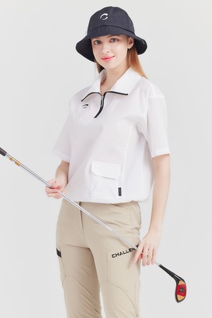 와샤 나일론스판 반집업 오버핏 여성 골프 반팔티셔츠형 골프 우븐탑 화이트_WHITE-a