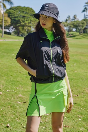 초경량 나일론스판 허리스트링 풀집업 여성 골프 반팔 바람막이 블랙_BLACK-a