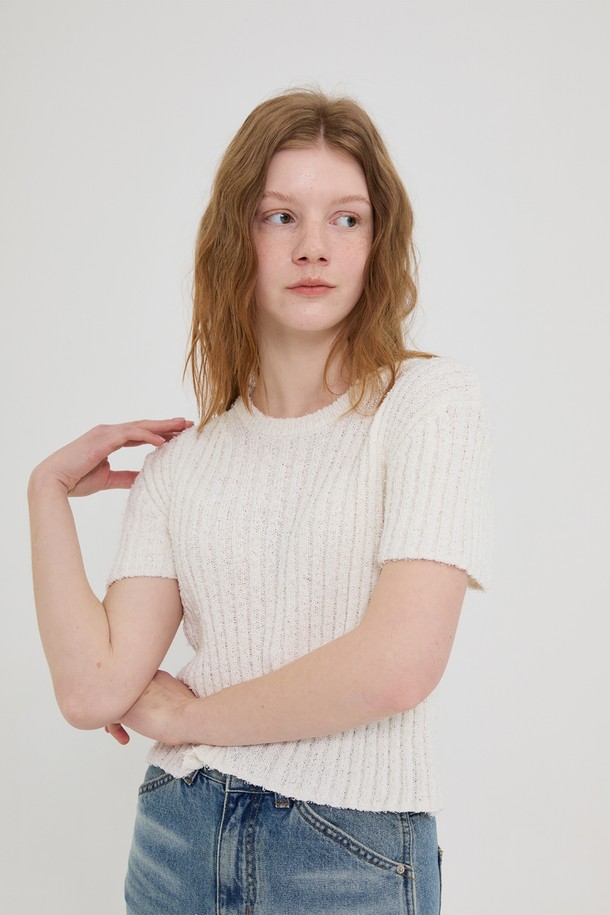 Snug.U - 스웨터 - Cotton Mini Tale Rib Short Sleeved Knit Top