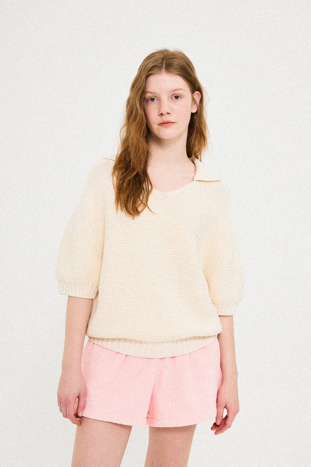 Snug.U - 스웨터 - Soft Cotton Link link Short sleeved Knit Top