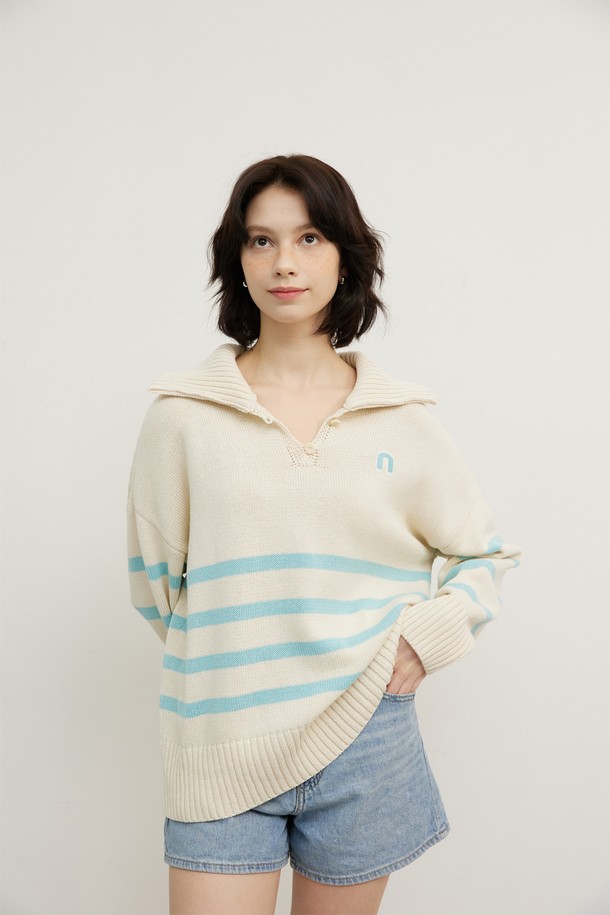 Snug.U - 스웨터 - NU COTTON 100 STRIPE COLLAR KNIT TOP