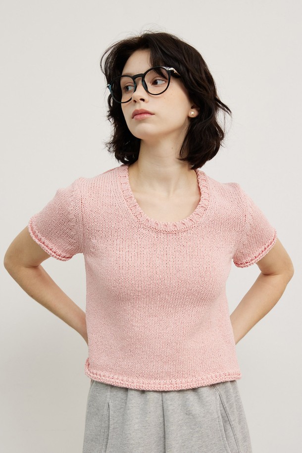 Snug.U - 스웨터 - Cotton Chunky Scoop Neck Short Sleeve Knit Top