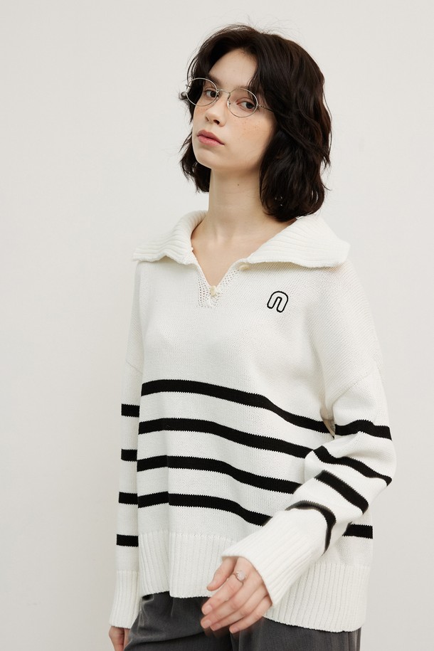 Snug.U - 스웨터 - NU COTTON 100 STRIPE COLLAR KNIT TOP