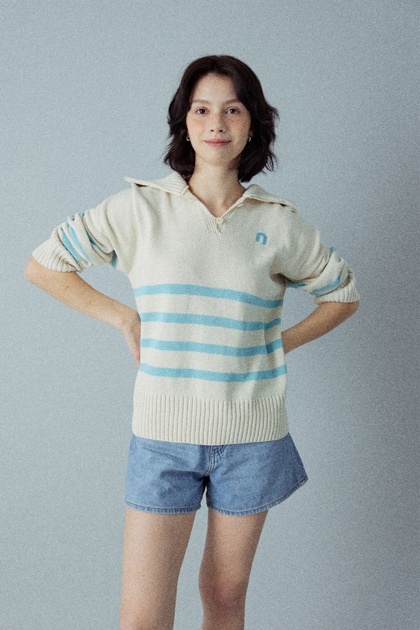 Snug.U - 스웨터 - NU COTTON 100 STRIPE COLLAR KNIT TOP