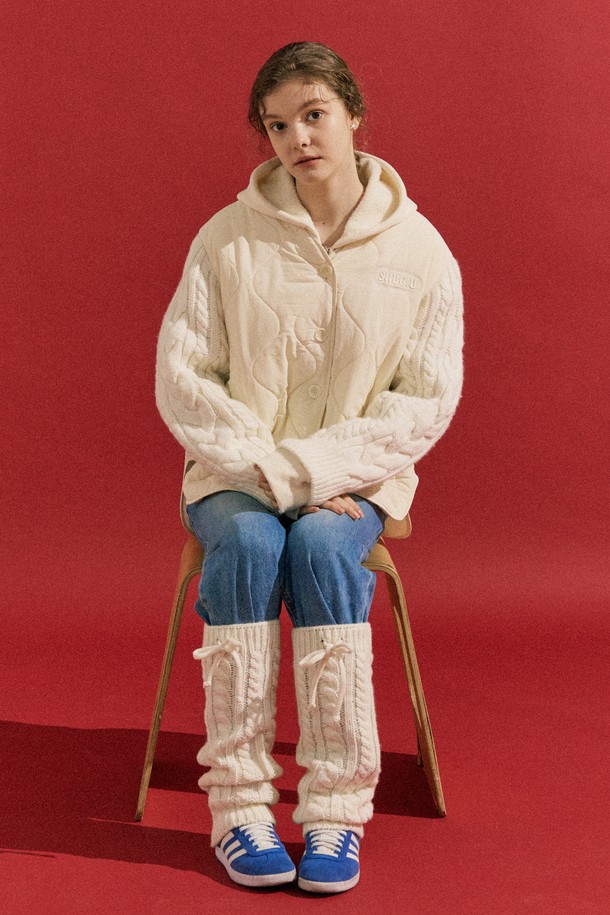 Snug.U - 패딩 - F/W Wool Knit Trimming Light weight Padded Jumper / Ivory