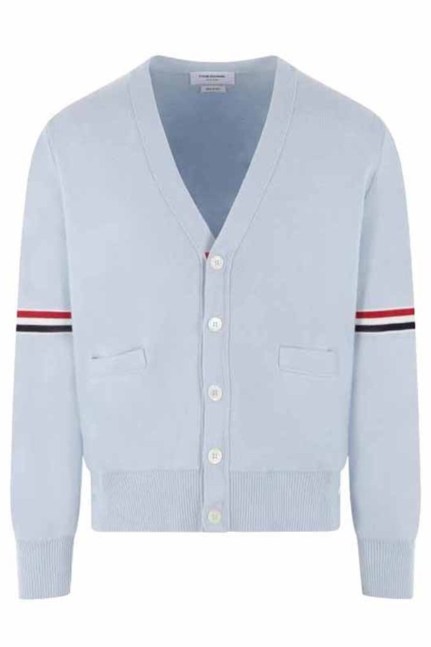 THOM BROWNE - 가디건 - [톰브라운] MKC310A Y3007 480 밀라노스티치 RWB 암밴딩 브이넥 버튼 가디건 라이트블루 남성 자켓