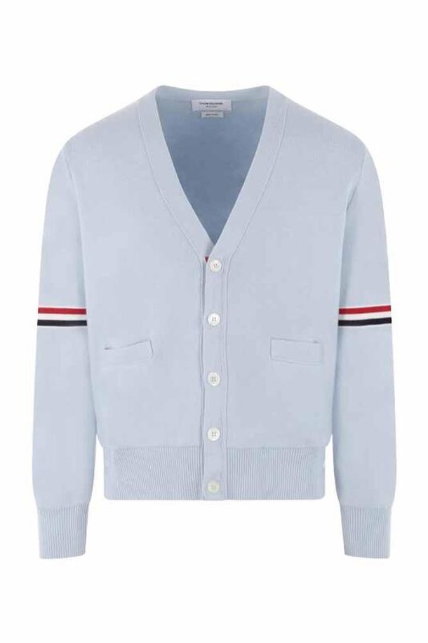 THOM BROWNE - 가디건 - [톰브라운] MKC310A Y3007 480 밀라노스티치 RWB 암밴딩 브이넥 버튼 가디건 라이트블루 남성 자켓