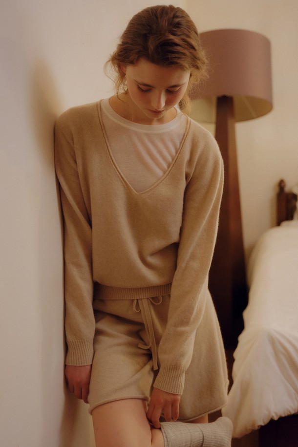 BLANK03 - 스웨터 - cashmere whole-garment v pullover (light beige)