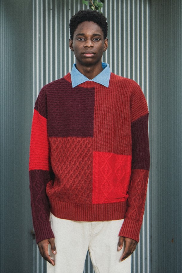 Amfeast - 스웨터 - COLORED PATCHWORK SWEATER RED