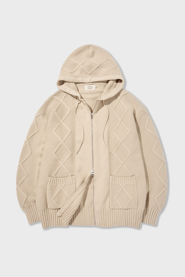 AMFEAST - 가디건 - Bold Cable Cotton Knitted Zip Up Hoodie Cream