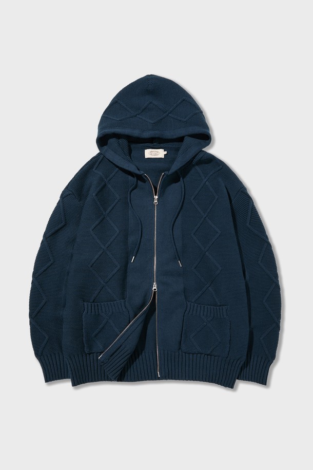 Amfeast - 가디건 - Bold Cable Cotton Knitted Zip Up Hoodie Navy