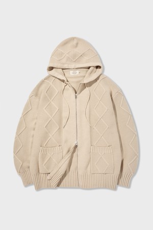 Bold Cable Cotton Knitted Zip Up Hoodie Cream