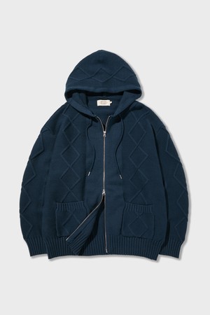 Bold Cable Cotton Knitted Zip Up Hoodie Navy