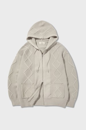 Bold Cable Cotton Knitted Zip Up Hoodie Grey