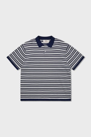 70s Multi Stripe Cotton Knit Polo Shirts Navy