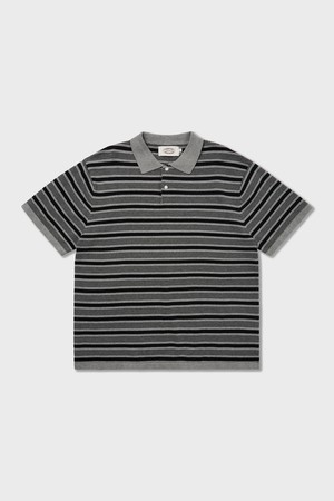 70s Multi Stripe Cotton Knit Polo Shirts Grey