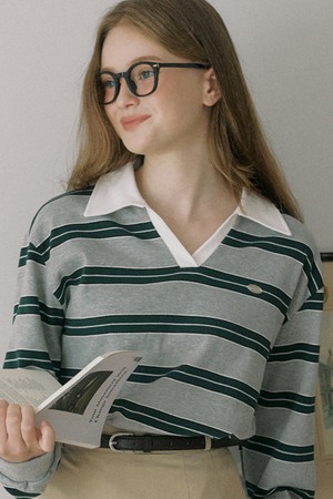 Stripe Logo Collar Sweatshirt - Melange Grey