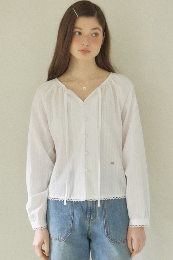 OURHOPE - 블라우스 - Ribbon Shirring Blouse - Ivory