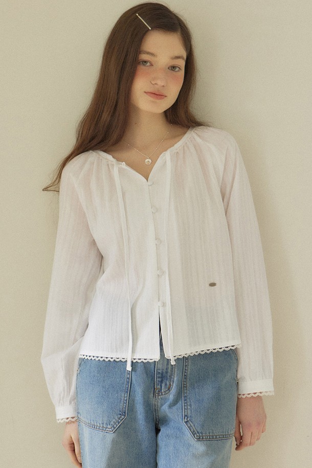OURHOPE - 블라우스 - Ribbon Shirring Blouse - Ivory