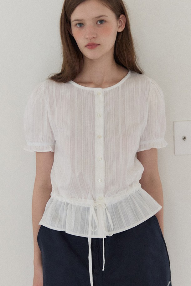 OURHOPE - 블라우스 - Waist-String Puff Blouse - White