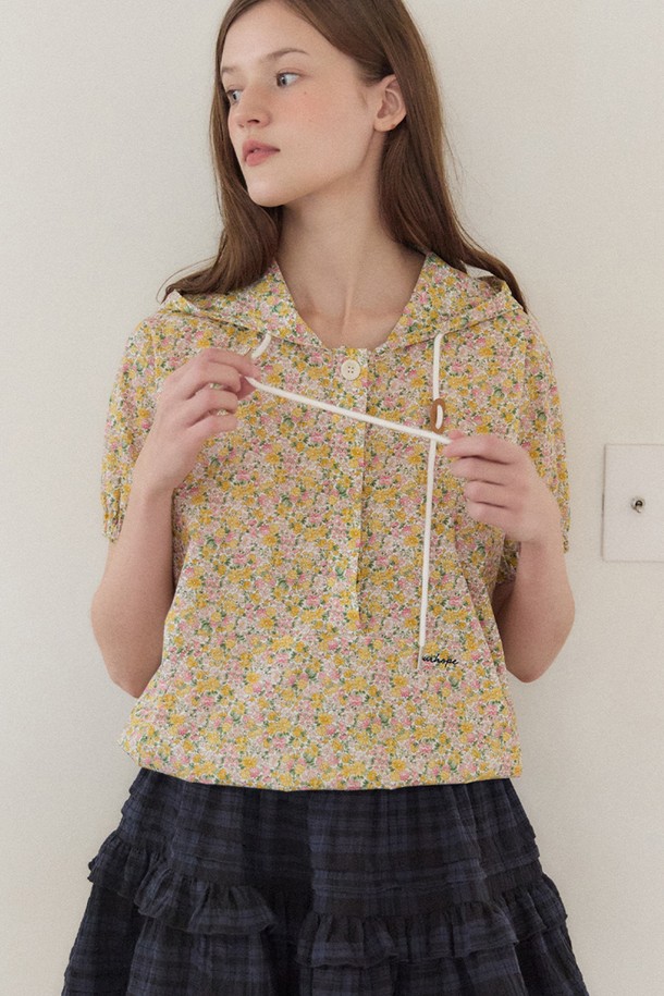 OURHOPE - 블라우스 - Floral Button-down Hood Blouse - Yellow