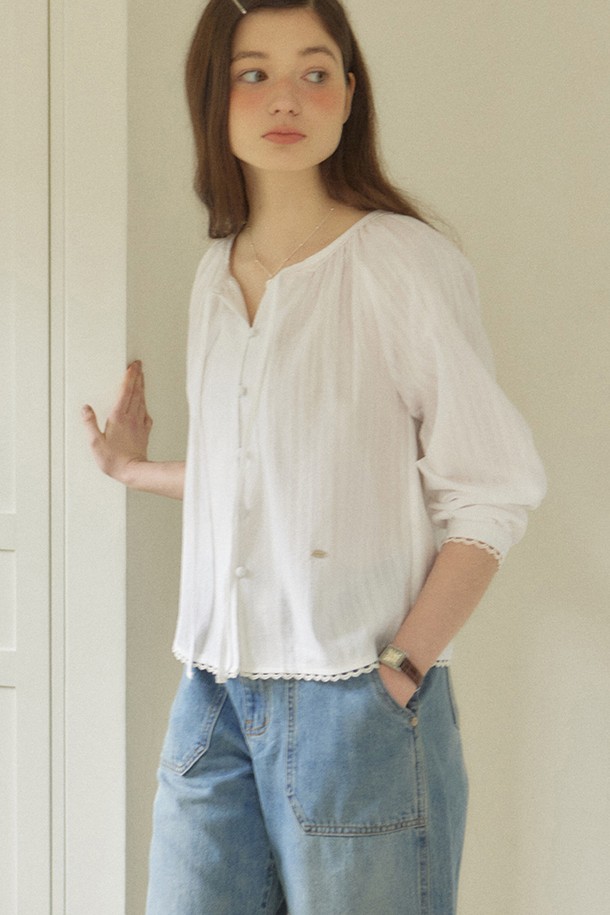 OURHOPE - 블라우스 - Ribbon Shirring Blouse - Ivory