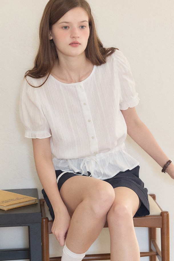 OURHOPE - 블라우스 - Waist-String Puff Blouse - White