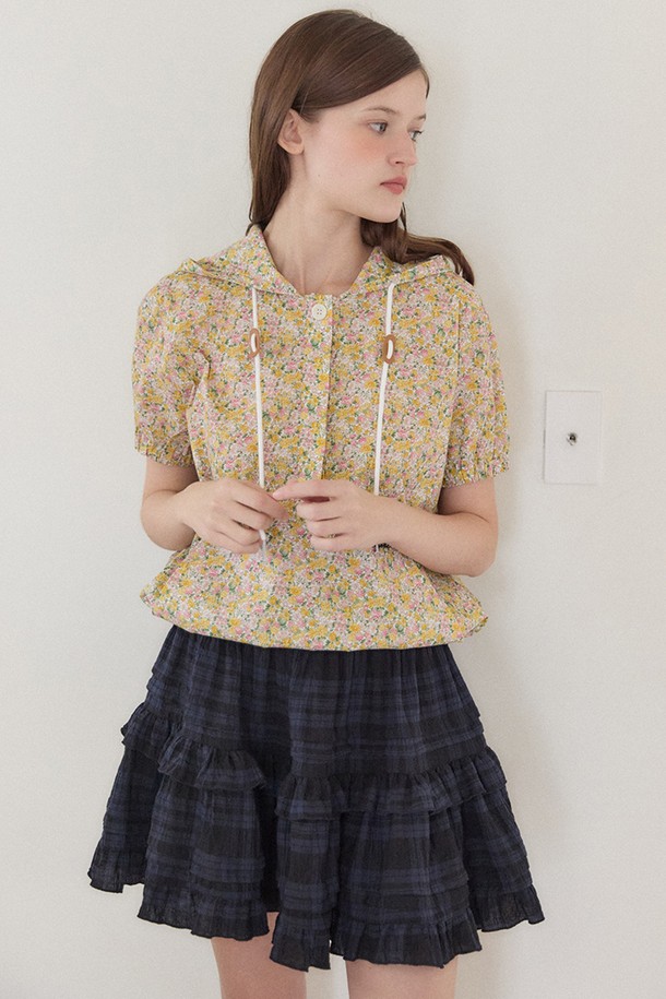 OURHOPE - 블라우스 - Floral Button-down Hood Blouse - Yellow
