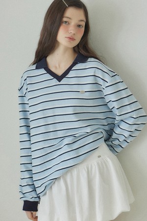 Stripe Collar Sleeve T-shirt - Sky blue