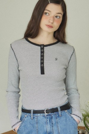 Logo Henley Neck Slim Stripe Sleeve T-shirt - Ivory