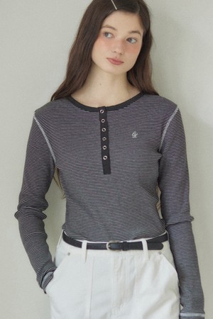 Logo Henley Neck Slim Stripe Sleeve T-shirt - Black