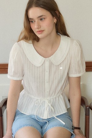 Double Collar Waist-String Blouse - White