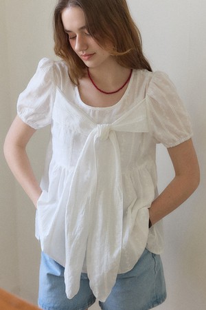 Bow Shirring Blouse - White